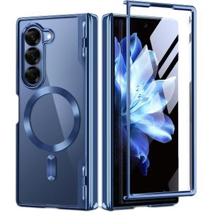 BERFY Upgraded Magnetic for Z Fold 6 Case, Compatible with Magsafe,[Built-in Screen Protector & Hinge Protection] Full-Body Plating Slim Shockproof Phone Case for Samsung Galaxy Z Fold 6 5g 2024, Blue