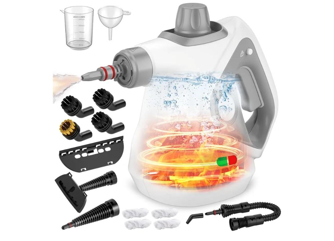 Handheld Steam Cleaner for Home, Pressurized Portable Steamer for Cleaning with 15 Accessories for Multi-Surface Cleaning, Floors, Tiles, Grout, Kitchen, Bathroom, Couch & Car(Grey Cap&Grey Handle)