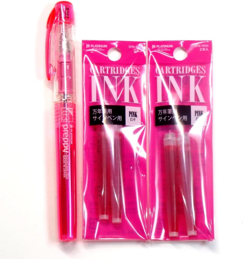 Platinum Fountain Pen, New Preppy, Fine Nib, Pink(PSQ-300#21) + Ink Cartridges SPN-100A#21 (Pink) Set (Japan Import) [Komainu-Dou Original Package]