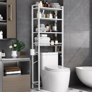Kalrin Over-The-Toilet Storage Rack, 4-Tier Bathroom Organizer Shelf Over Toilet with Adjustable Shelf and Basket, Freestanding Space Saver Bathroom Shelves Above Toilet for Room (Pure White), X-Large