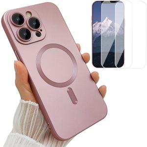 Magnetic Case for iPhone 13 Pro Phone Case for Women, [Compatible with Magnetic] Matte Soft Metallic Design with Lens Protectors and 2 Screen Protectors for iPhone 13 Pro 6.1"-Pink