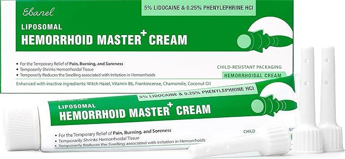 Ebanel 5% Lidocaine Hemorrhoid Treatment Cream with Witch Hazel, Phenylephrine, Horse Chestnut, Vitamin B6, Zinc Oxide, External and Internal Hemorrhoids Treatment Burn Itch Pain Relief Anal Cream