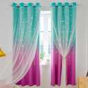 Anjee Ombre Star Cutout Blackout Curtains for Girls Bedroom Kids Nursery Princess Living Room Decor,Cute Double Layer Teal Purple Gradient Window Darpes with Sheer Overlay, 52 x 84 inch Long 2 Panels