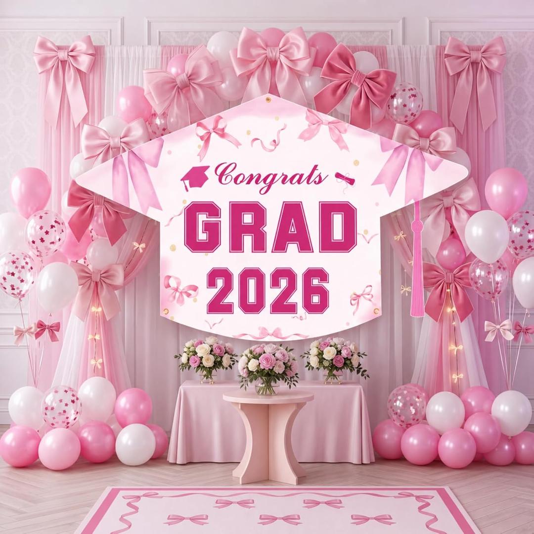 Pink Graduation Decorations Class of 2026 Coquette Bow Congrats Grad Backdrop Banner 71x43.3'' Large Graduation Cap Party Decor for Women Class of 2026 Party Supplies Photo Booth Props