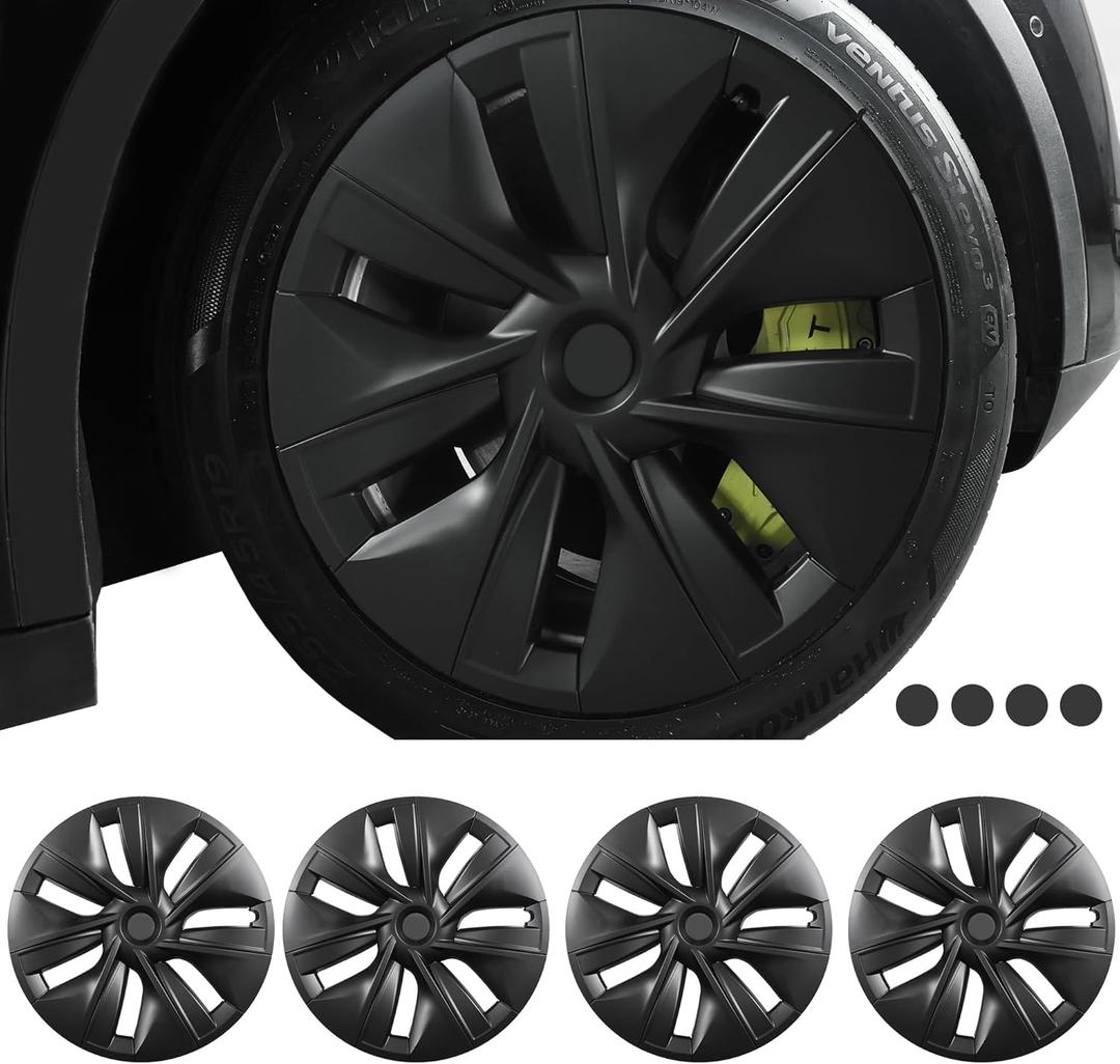 FORAUTOMOD Tesla Model Y 19 Inch Wheel Covers, Matte Black, 4 Pcs, ABS Material, Snap-On, Fits Tesla Model Y, 19-inch Wheel Compatible (19inch-Model Y 2021+, Matte Black-Gemini Dark(Asymmetry))