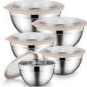 Onader Mixing Bowl Set of 5 for Kitchen, Stainless Steel Metal Nesting Mixing Bowls with Khaki Lids  Size 1.5, 2, 2.6, 3.5, 4.6QT