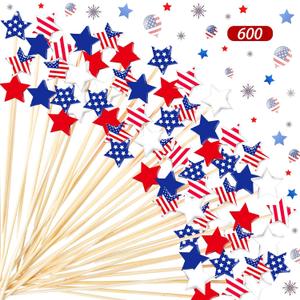 Pickmesh 600 Pcs Patriotic Star Cocktail Picks 4.7 Inch 250th Independence Day Bamboo Toothpicks 4th of July Cocktail Skewers for Drinks USA Flag Memorial Day Party Decor for Appetizers Fruit Drinks