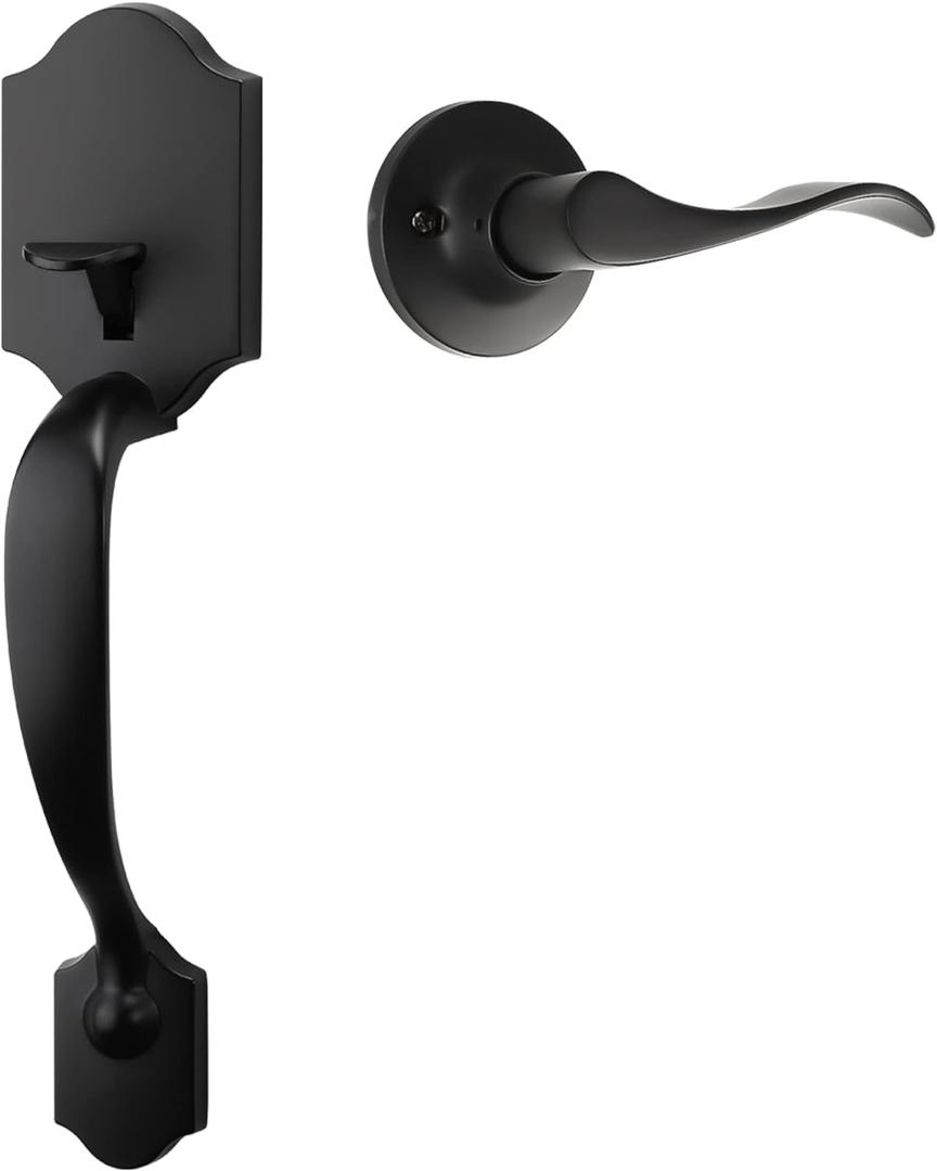 Goldenwarm Black Front Door Handle, Entry Door Handle and Reversible Handle Lever, Single Cylinder Front Door Handle Only, Matte Black Front Door Entry Handleset (Wave, Matte Black)