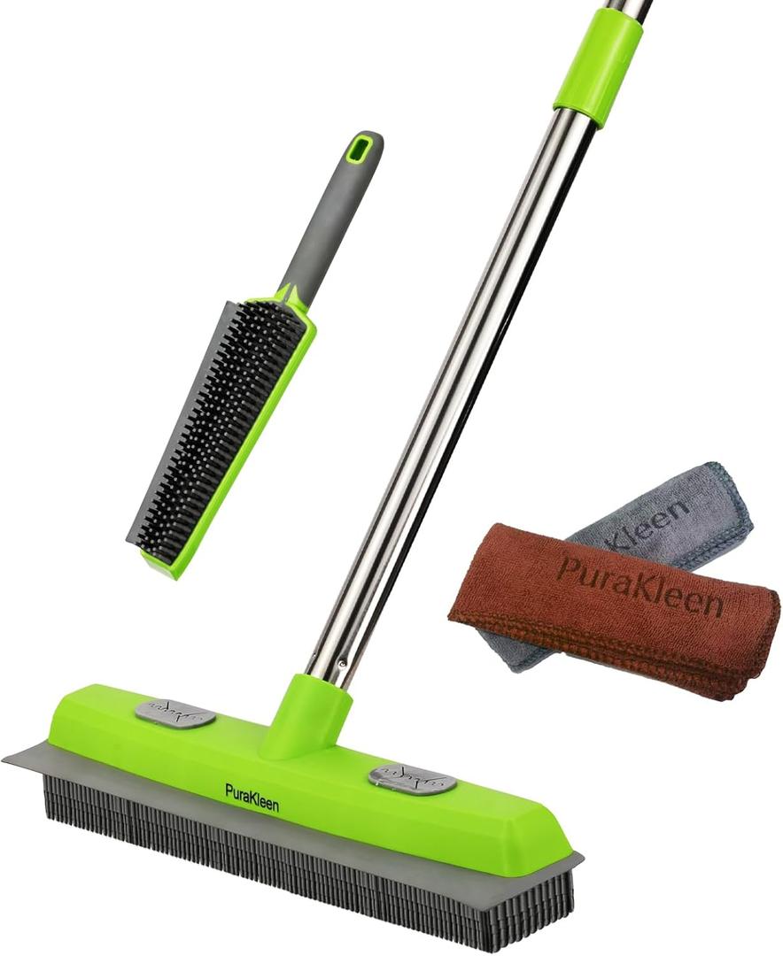 Carpet Rake,Rubber Broom for Pet Hair Removal with 61" Long Handle,2 Microfiber Cloths, Built-in Squeegee & Pet Brush, 4 in 1 Hair Remover for Rugs, Carpets,Tiles,Couches - Green
