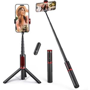 ATUMTEK Selfie Stick Tripod, Extendable 3 in 1 Aluminum Bluetooth Selfie Stick with Wireless Remote and Tripod Stand for iPhone 16/15/14/13/12/11 Pro Max/XS Max/XS/XR/X/8/7, Samsung Smartphones Red