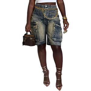 Denim Shorts Women High Waisted Summer Bermuda Stretchy Cargo Jean Casual Baggy Raw Hem Jorts with Pockets for Women (Large, Brown)