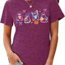 Halloween Spooky Season Cute Ghost T Shirt for Women Crewneck Fall Pumpkin Colorful Graphic Tee Tops (XX-Large, Purple)