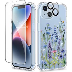 GVIEWIN for iPhone 14 Case Floral, with Screen Protector+Camera Lens Protector,[Non Yellowing] Soft Shockproof Clear Phone Protective Cover for Women, Flower Pattern Design 6.1"(Sweet Posy/Blue)