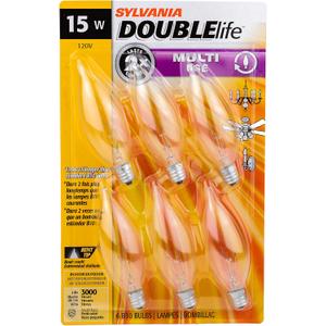Sylvania Double Life Incandescent Light Bulb, B10, 15W, Candelabra Base, 65 Lumens, 3000K, Clear, Soft White - 6 Pack (15318)