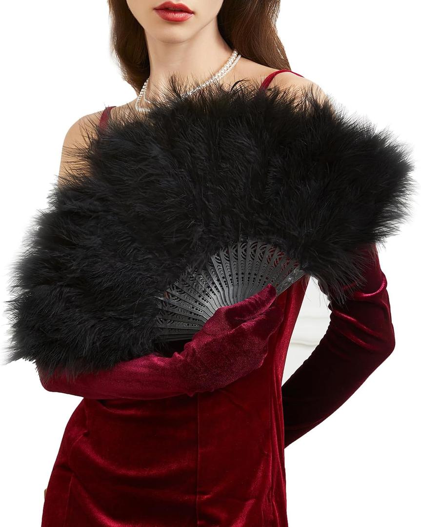 Huralona 1920s Vintage Style Folding Handheld Flapper Feather Hand Fan (Black)