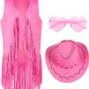 Cowgirl Outfits for Women 60s 70s Hippie Sleeveless Fringe Vest with Cowboy Hat and Sunglasses Halloween Costumes (Pink), Size XL