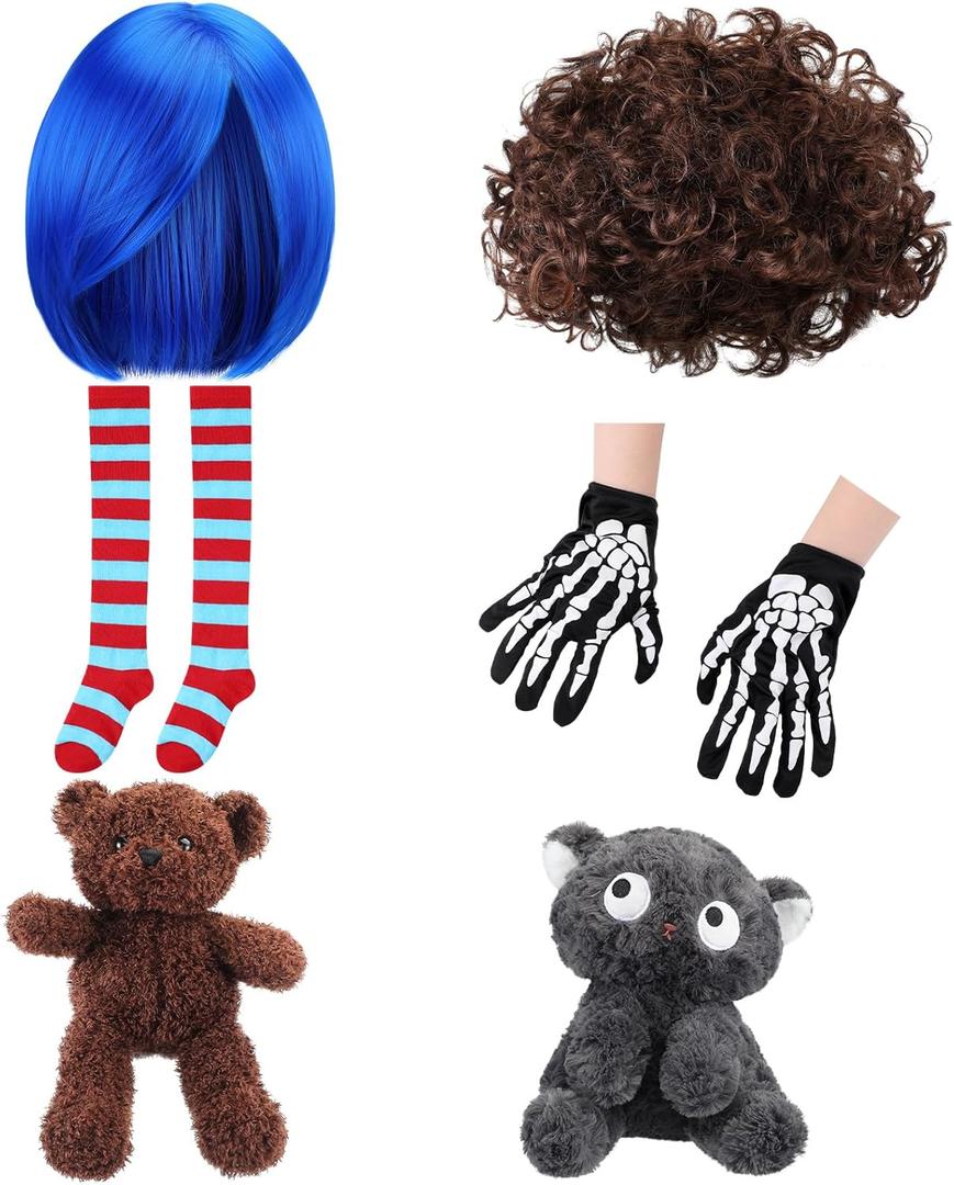 Mepase 6 Pcs Halloween Movie Women Men Cosplay Accessories Bundle Blue & Brown Wigs, Stripe Socks, Skeleton Gloves, Bear & Cat Dolls for Friends Couple Partner Stop-motion Cosplay Halloween Party