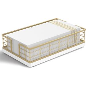 Wican Guest Towel Holder Tray for Bathroom, Oak and Iron Napkins Holder for Powder Room Dinning Table Wooden Basket for Disposable Paper Hand Towels Gold and White (9.06 x 5.51 x 2.56 inchs)