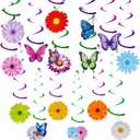 Spring Flower Party Decorations Colorful Daisy Butterfly Hanging Swirls Sun Flower Ceiling Swirl Foil Decorations Hanging Plastic Streamer for Spring Easter Birthday Party Decorations