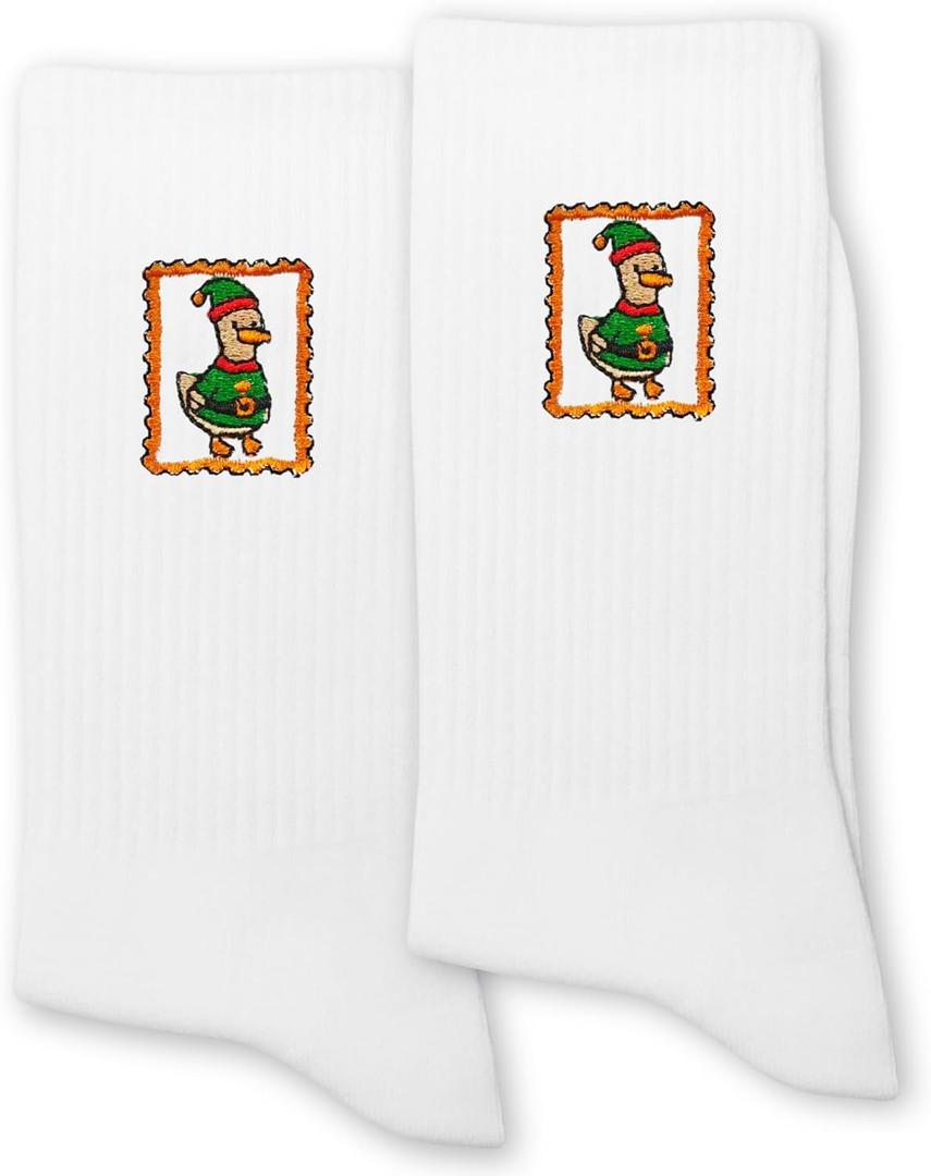 Funny Christmas Socks, Cute Santa Duck with Gift Design Holiday Crew Socks for Men and Women(1) (White)