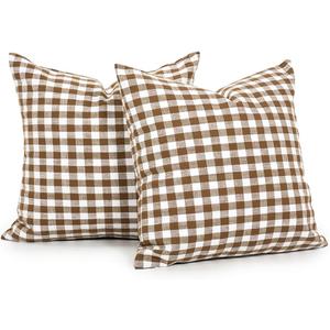Farmhouse Brown and White Gingham Plaid Pillow Covers 18x18 inch Set Of 2, Brown Checkered Cushion Covers For Outdoor Furniture, Outdoor Buffalo Plaid Decorative Throw Pillows (No Pillow Inserts)