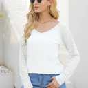 AISEW Womens Long/Short Sleeve V Neck T-Shirt Striped Sheer Mesh Raglan Tees Loose Casual Tops (White, M)