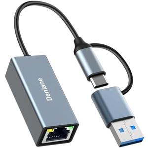 Denlane USB 3.0 to Ethernet Adapter, Ethernet to USB C Adapter 2-in-1, RJ45 Gigabit Network (1000Mbps) Hub Compatible with iPhone 15 16 17/USB-C iPad, MacBook/Pro/Air, Laptop, Windows 11/10/8/7, etc