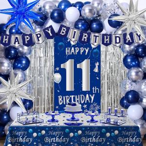 11th Birthday Decorations for Boys Girls, Blue Silver Happy 11th Birthday Boy Decoration, 11 Year Old Party Banner Balloons Decorations Tablecloth Foil Backdrop Star Balloons 11th Bady Decor for Kids