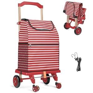 Phenanive 2-in-1 Shopping Cart for Groceries, Lightweight Aluminum Grocery Cart on Wheels and 50L Removable Waterproof Shopping Bag for Moving, Camping (Red)