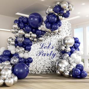 147pcs Navy Blue and Silver Balloon Garland Arch Kit, 18 12 10 5 inch Royal Blue Metallic Silver White Balloons for Birthday Baby Shower Bachelorette Wedding Graduation Party Decorations