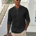COOFANDY Men's Casual Henley Shirts Long Sleeve Band Collar Lightweight Beach Shirts Summer T-Shirts (Black, XL)