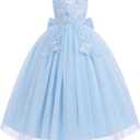 IDOPIP Flower Girl Lace Dress for Kids Wedding Bridesmaid Pageant Party Formal Long Gown Princess Communion Tulle Bow Dresses (13-14 Years, Blue)