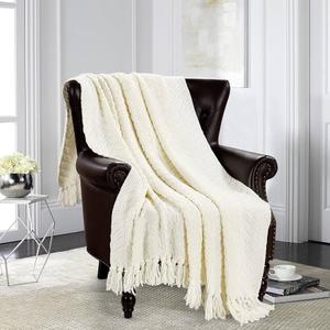 HOMEIDEAS Warm Tassel Knit Blanket Throw Size for Couch Sofa Bed, Cream Thick Knitted Armchair Office Chair Throw Blankets, Winter Chunky Blankets (50x60)