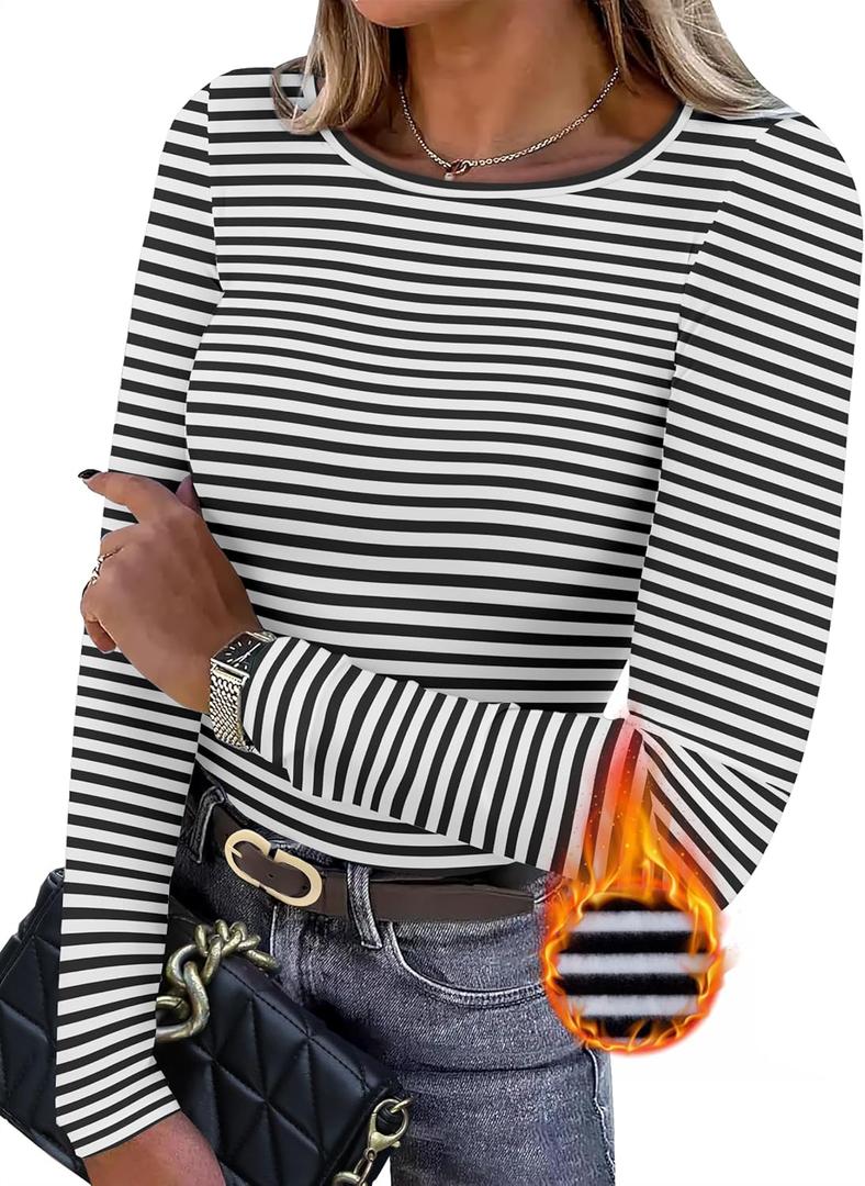 WIHOLL Long Sleeve Thermal Shirt for Women Light Fleece Tops Fall 2025 Crew Neck Casual Basic T-Shirts (XS)