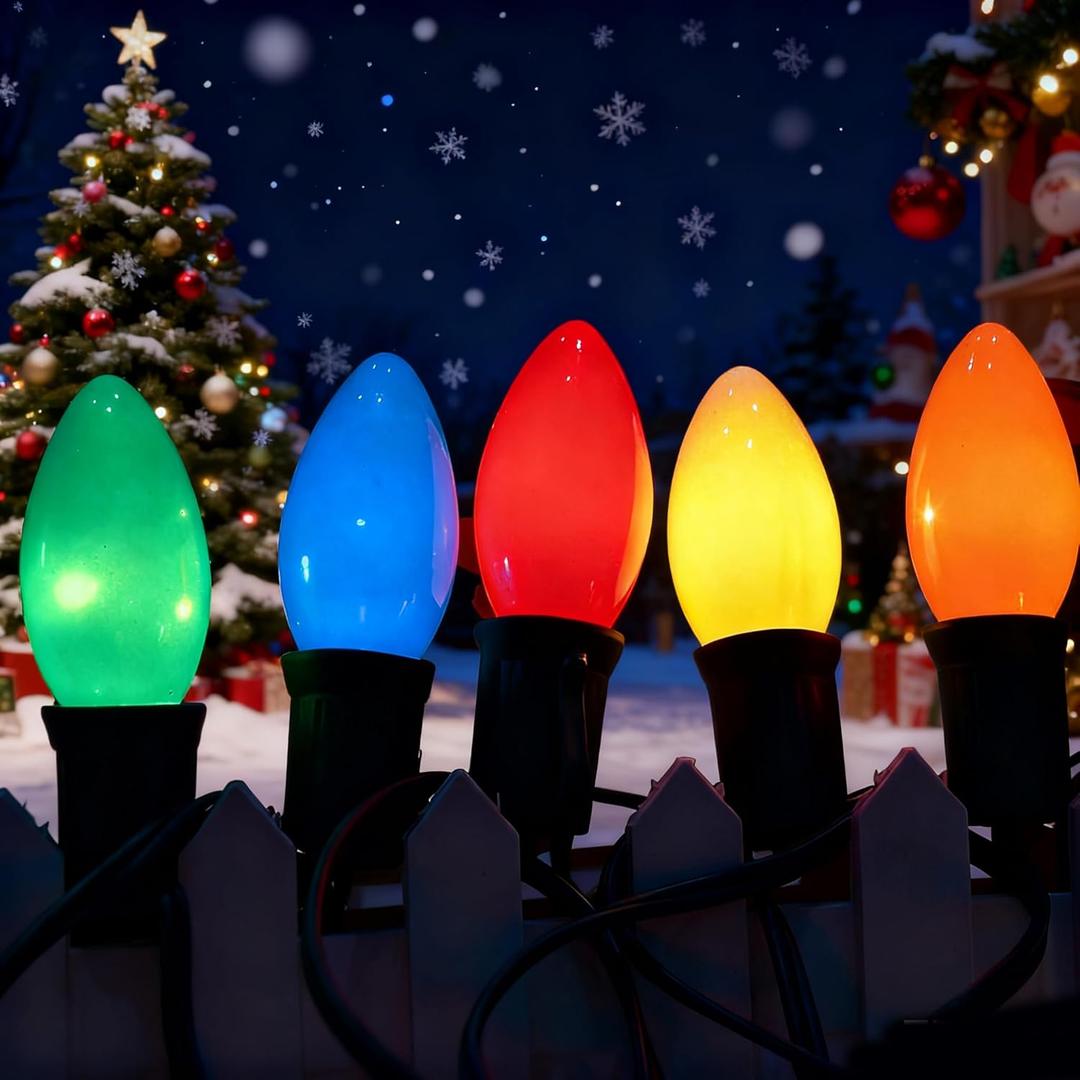 25Ft Multicolor Christmas Lights Outdoor, C9 7W Vintage Ceramic Valentine's Day String Lights with 26 Colorful Bulbs, Hanging Patio Lights for Porch Roofline Christmas Tree Garden Pathway Indoor Decor