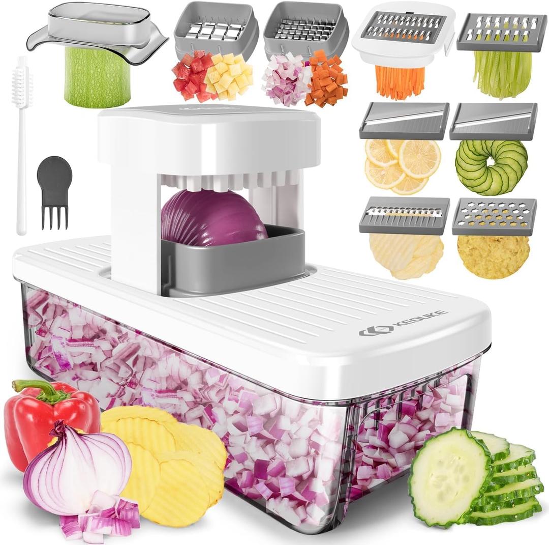 KEOUKE 8-in-1 Vertical Vegetable Chopper Mandoline Slicer with Container White - Safe Tap Out Dicer with Hand Guard for Kitchen Easy Food Prep, Onion Potato Veggie Fruit