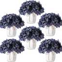 Leinuosen 6 Set Artificial Hydrangea Flowers and Plastic Vases Set Centerpieces Table Decorations Silk Fake Hydrangea Full Flowers Heads with Stems Bulk for Wedding Home Baby Shower (Gray Blue)