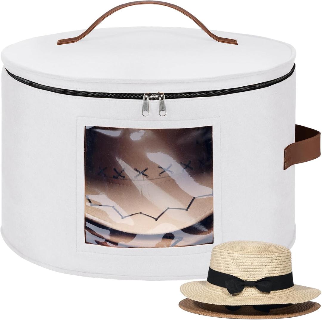 Lifewit Round Cowboy Hat Box for 7 Caps, Large Felt Hat Organizer Bag for Men & Women Storage, Baseball Cap Container with Dustproof Lid for Travel, Foldable 16.5" D x 10.6" H Carrier, White