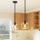 EDISHINE Modern Pendant Lights Kitchen Island 2 Pack, Hanging Light Fixture with Clear Glass Globe Shade, Hardwired Matte Black Adjustable Metal Rod for Bathroom, Dining Room, Bedroom