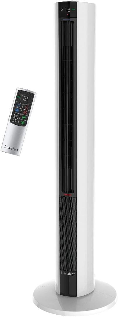 Lasko 1500 Watt 4 Speed Quiet Bladeless Multi Function Remote Control Comfort Control Tower Fan and Space Heater with 3 Heat Settings, White (Black White)