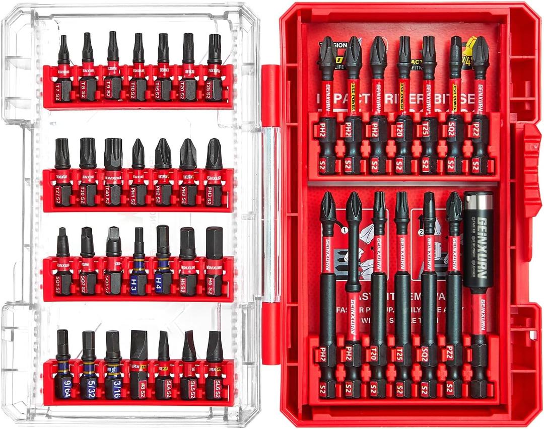 Geinxurn 42Pieces Impact Screwdriver Bits Set, Magnetic S2 Steel Phillips/Slotted/Square/Torx Insert Power Bits Tips, Impact Bit Holder with Red Storage Box Case