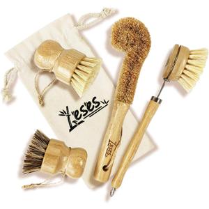 LESES Dish Brush Natural Bamboo Dish Scrub Brush Set with Handle 100% Plastic Free Eco Friendly Cleaning Brushes for Kitchen Cleaning Dish, Bottle, Pots, Pans