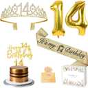 14th Birthday Decorations for Girls with 14th Birthday Sash and Crown, Number Balloons, Birthday Card, Cake Topper and Candles, 14 Year Old Girl Gifts for Her, Gold