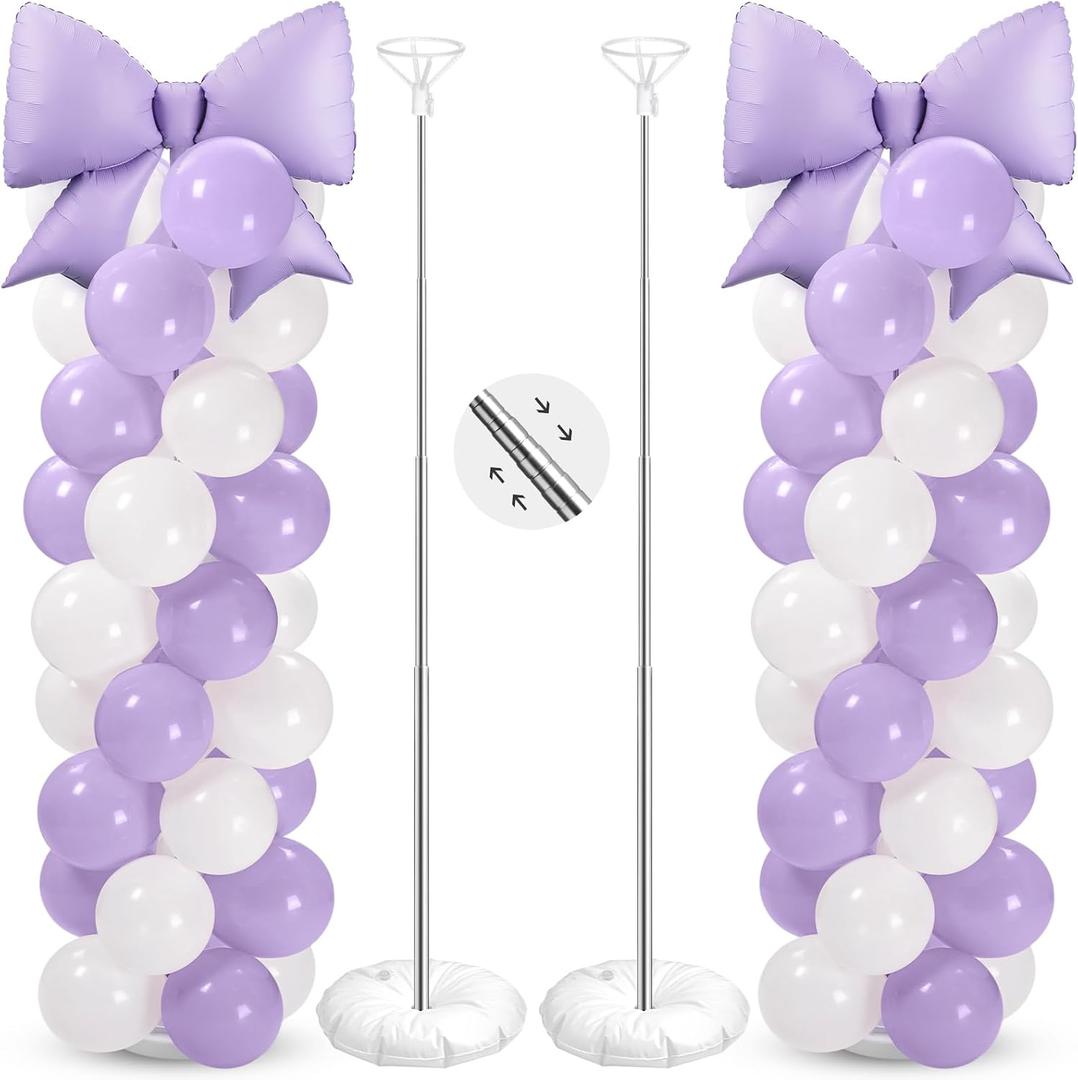 2 Sets Purple White Bow Balloon Column Stand Kit Includes 2 Bows & 100 Latex Balloons Adjustable Stands for Princess Birthday Wedding Coquette Baby Shower Party Decoration