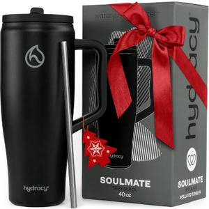 Hydracy 40 oz Tumbler with Handle and Straw, Stainless Steel Insulated Travel Cup with No Spill Rotatable Flip Lid for Left or Right Hand Use, Rubber Base, Fits in Cup Holder - Sexy Black