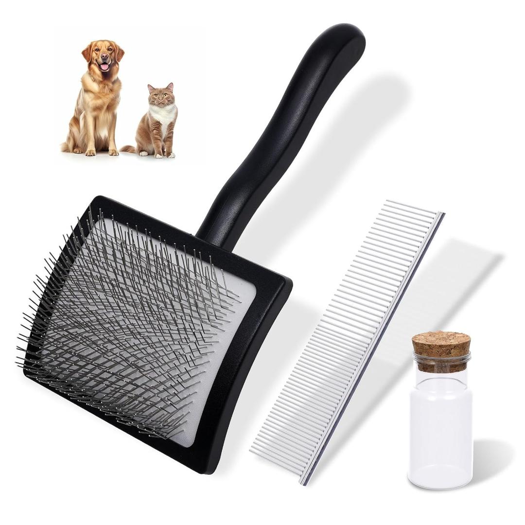 3PCS Slicker Brush for Dogs & Pet Comb, Professional Dog Grooming Brush (Goldendoodles, Poodles, Labradoodles) with Extra Long Pins to Effectively Remove Tangles, Knots, Mats Hair Collection Bottle(Black)