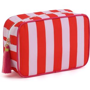 Stripe Makeup Bag Travel Cosmetic Bag Organizer Tassel Toiletry Bag Large Canvas Zipper Pouch and Accessories Storage Bag for Women (Red& Pink)