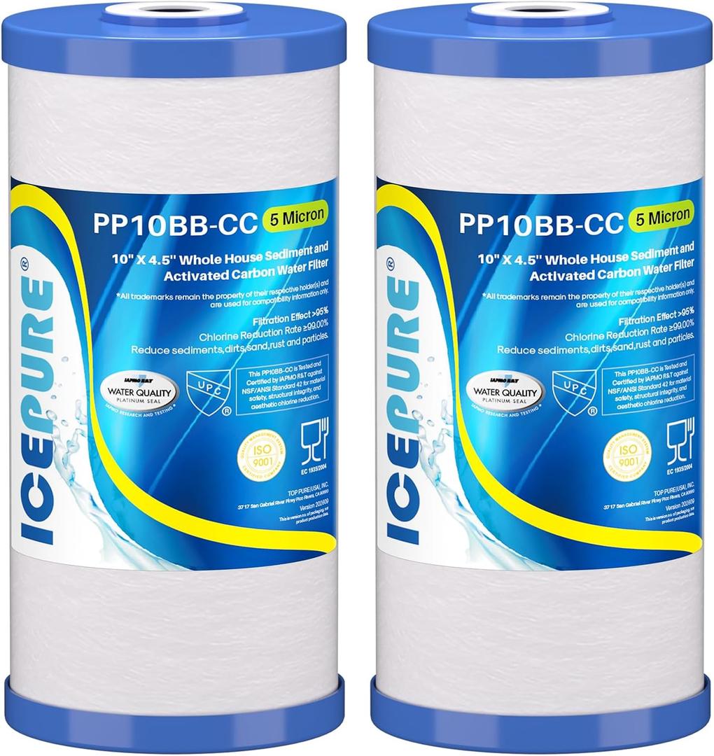 ICEPURE 5 Micron 10" x 4.5" Whole House Sediment and Carbon Filter 2 Pack