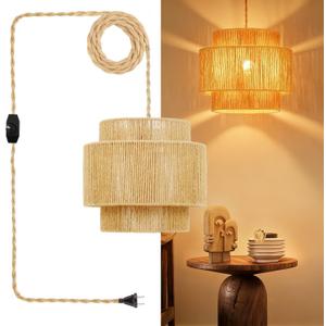 plug in pendant light rattan hanging lamp with 14.7ft Hemp RopeDimmable boho pendant lamp with adjustable cordhigh output wicker hanging light plug in Woven Shade for Bedroom Dinning Kitchen