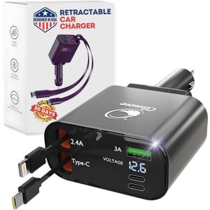 Upgraded Retractable Car Charger 5 in 1 Fast Car Phone Charger | 2 Retractable Cords (Type-C & iOS) with Additional 3 Ports | Charge 5 Devices | Compatible with iPhone & Android Models